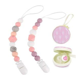 Two Dodo Babies Silicone Bead Pacifier Clips & Pink Case